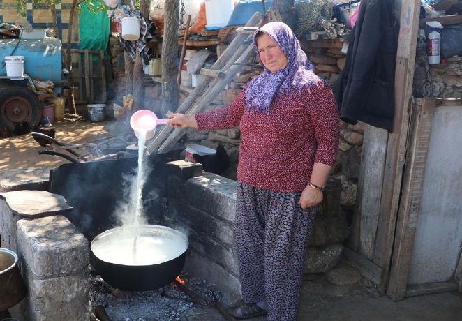 Kaynayan süt soğumaya bırakılıyor, Denizli yoğurdu üretimi