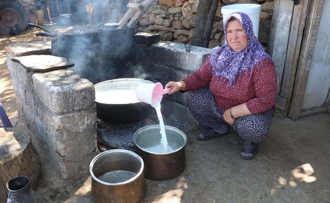 Süt odun ateşinde kaynatılıyor, isli yoğurt yapımı